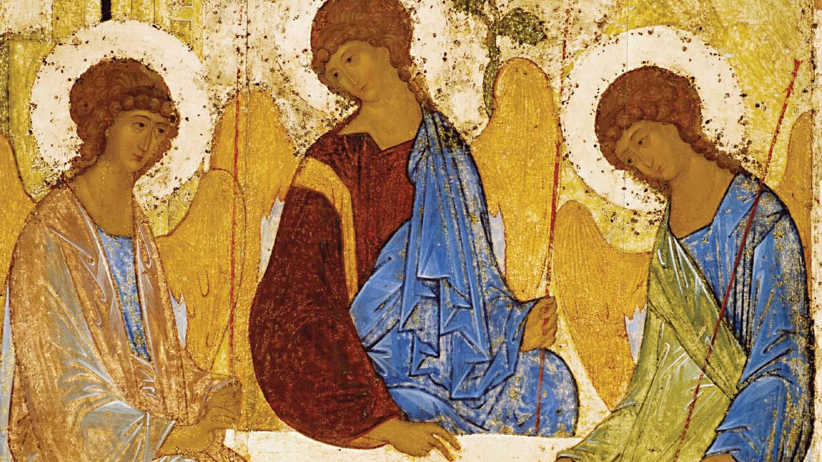 Closeup of an icon of the Holy Trinity, originally painted by St. Andrei Rublev. 
