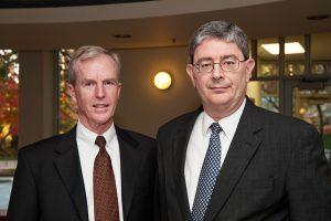 Prior to his his lecture, George Weigel (right) poses for a photo with Don Briel (left).