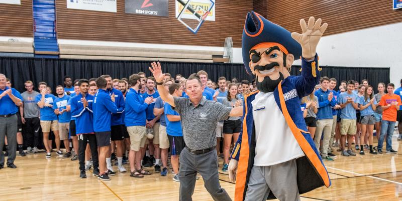 ​​​​​​​Maximus, the new Marauders mascot, is introduced to the hundreds of cheering fans at the unveiling of the new Marauders logo.