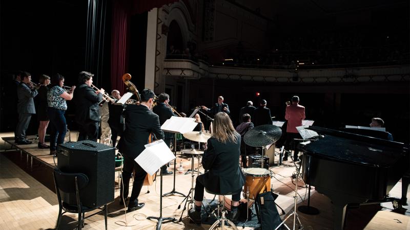 Students playing at the Jazz Festival on the Belle Mehus stage.