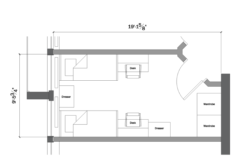  The architectural floor plans for a room in Boniface West Hall lower level.