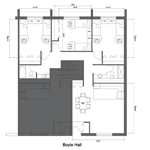 The architectural floor plans for a room in Boyle Hall.
