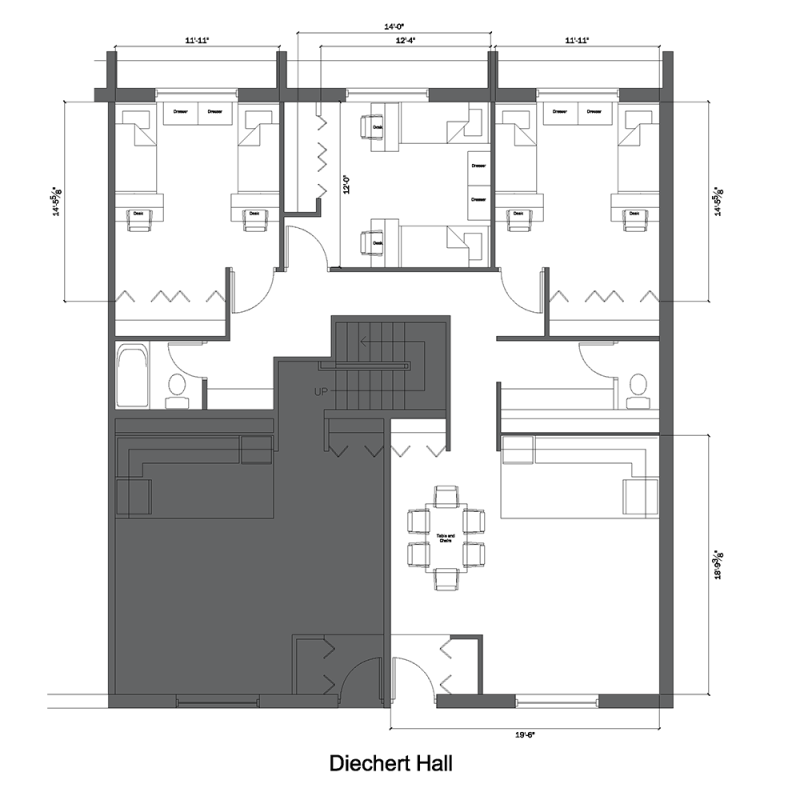 An architectural floor plan of an apartment in Deichert Hall.