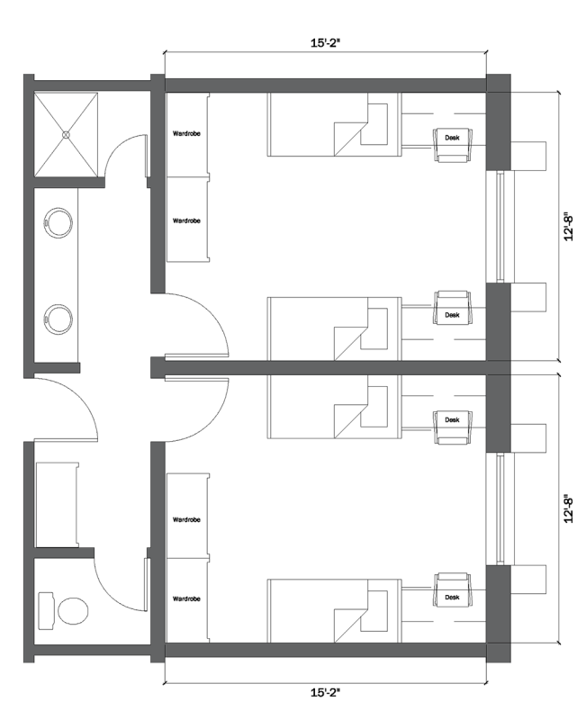 An Architectural floor plan of a suite room in Hillside Hall.