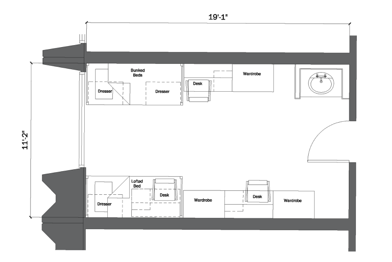  The architectural floor plans for a room in North Hall.