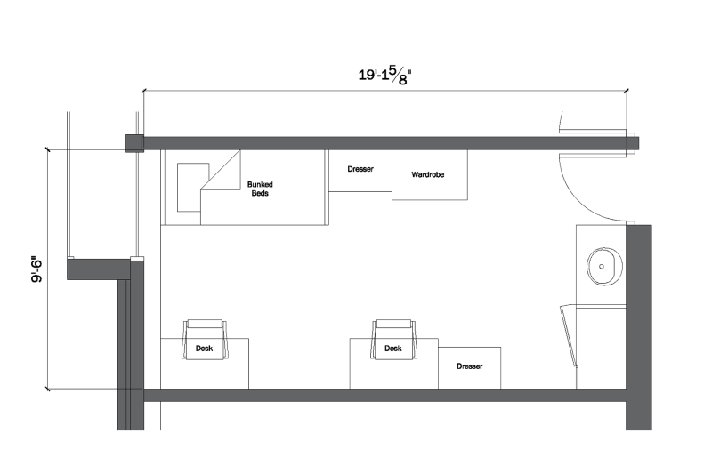 Architectural floor plan of a typical room in Riverview Hall courtyard level.