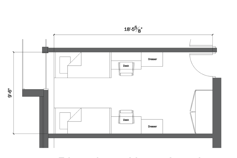 Architectural floor plan of a typical room in Riverview Hall.