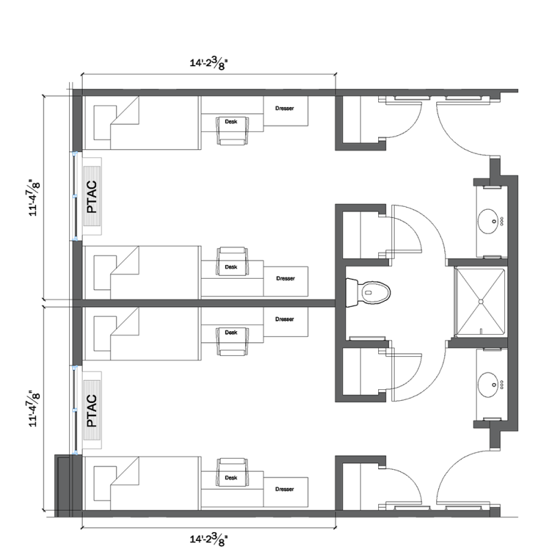 Architectural floor plans for a suite in Roers Hall.
