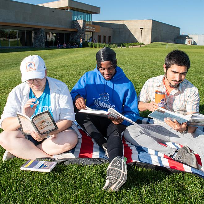 Students studying outside on the lawn