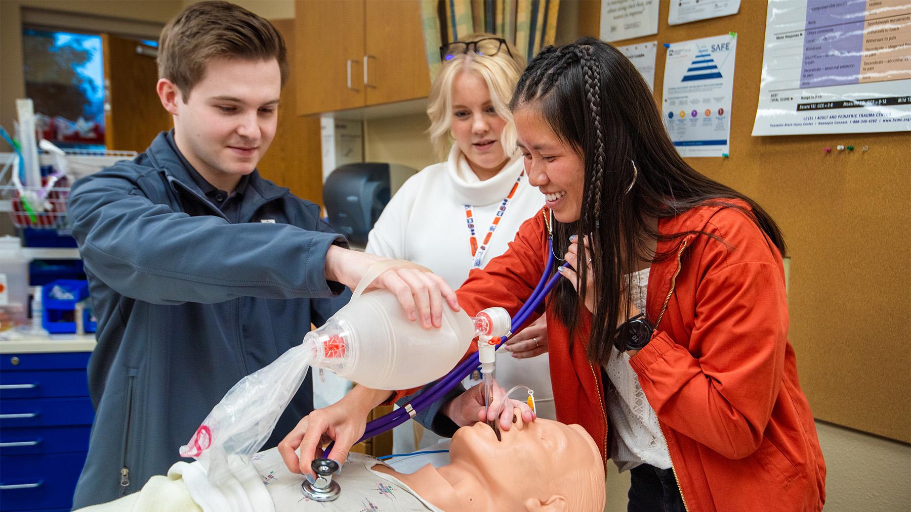 Students practicing in the respiratory therapy labs.
