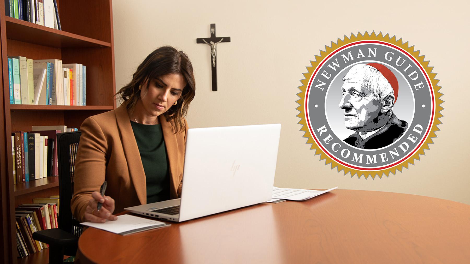 woman writing with a laptop open and the Newman Guide Seal to the right.
