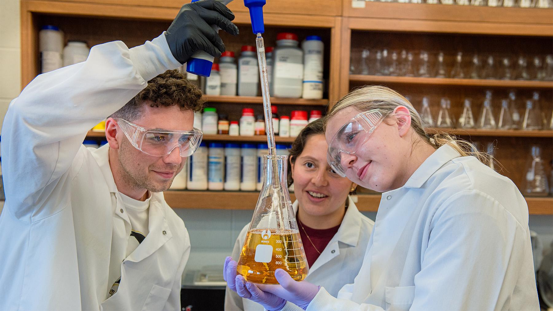 Students working on an experiment in the Chemistry Lab.